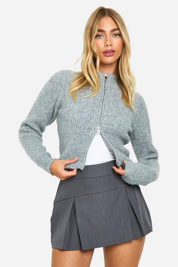 Grey Cable Knit Zip Up Fitted Cardigan