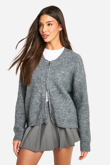 Fluffy Knitted Zip Up Bomber Cardigan grey marl