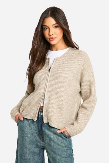 Fluffy Knitted Zip Up Bomber Cardigan oatmeal