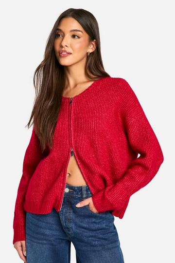 Red Fluffy Knitted Zip Up Bomber Cardigan