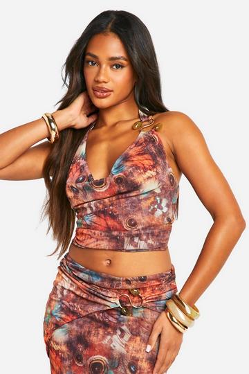 Printed Mesh Beaded Trim Detail Cowl Neck Top brown
