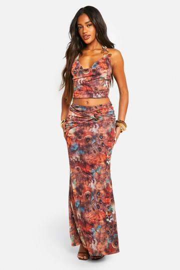 Printed Mesh Beaded Trim Detail Maxi Skirt brown