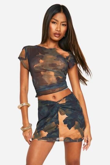 Black Renaissance Print Mesh Twist Front Mini Skirt