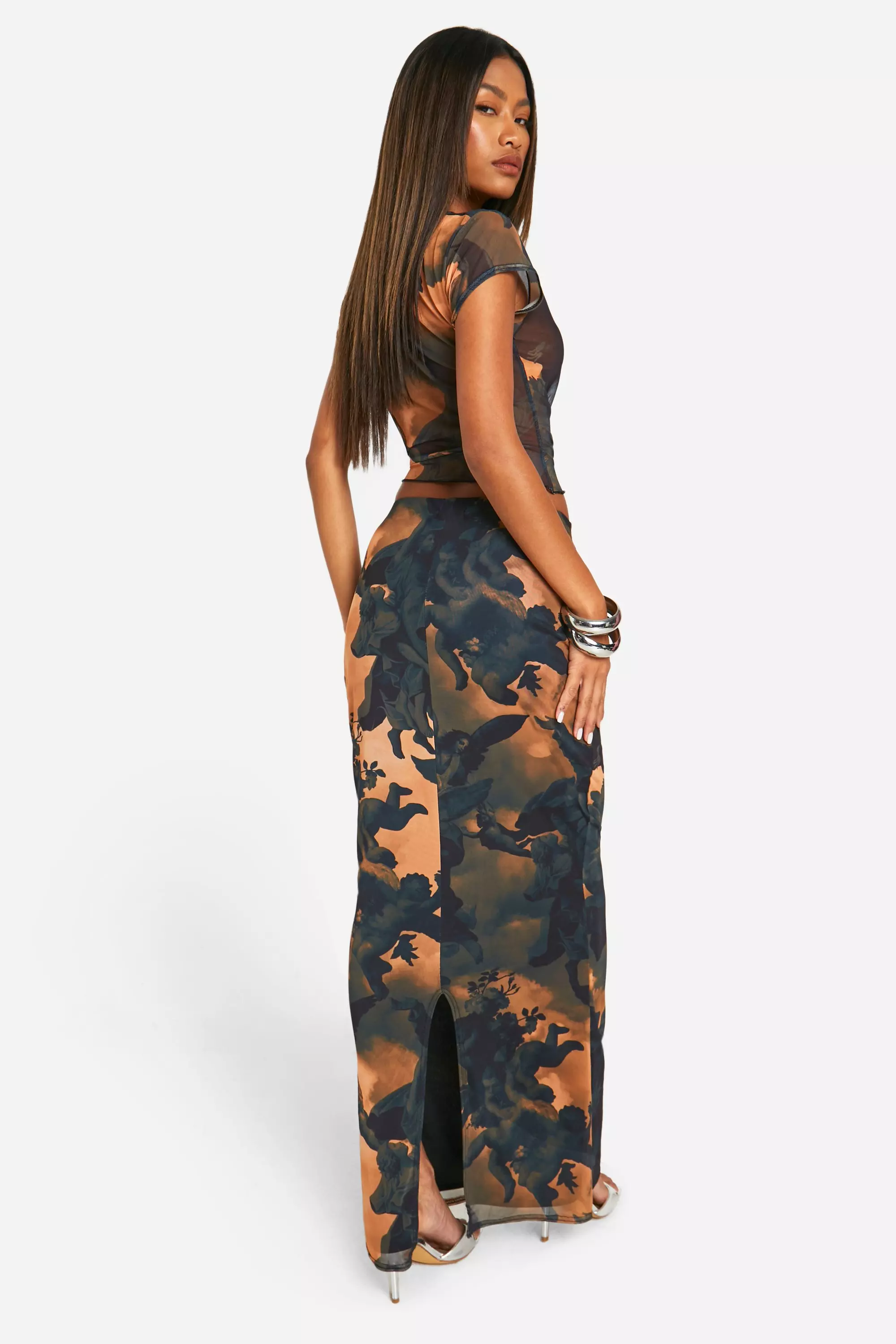 Black Renaissance Print Mesh Maxi Skirt alternative image