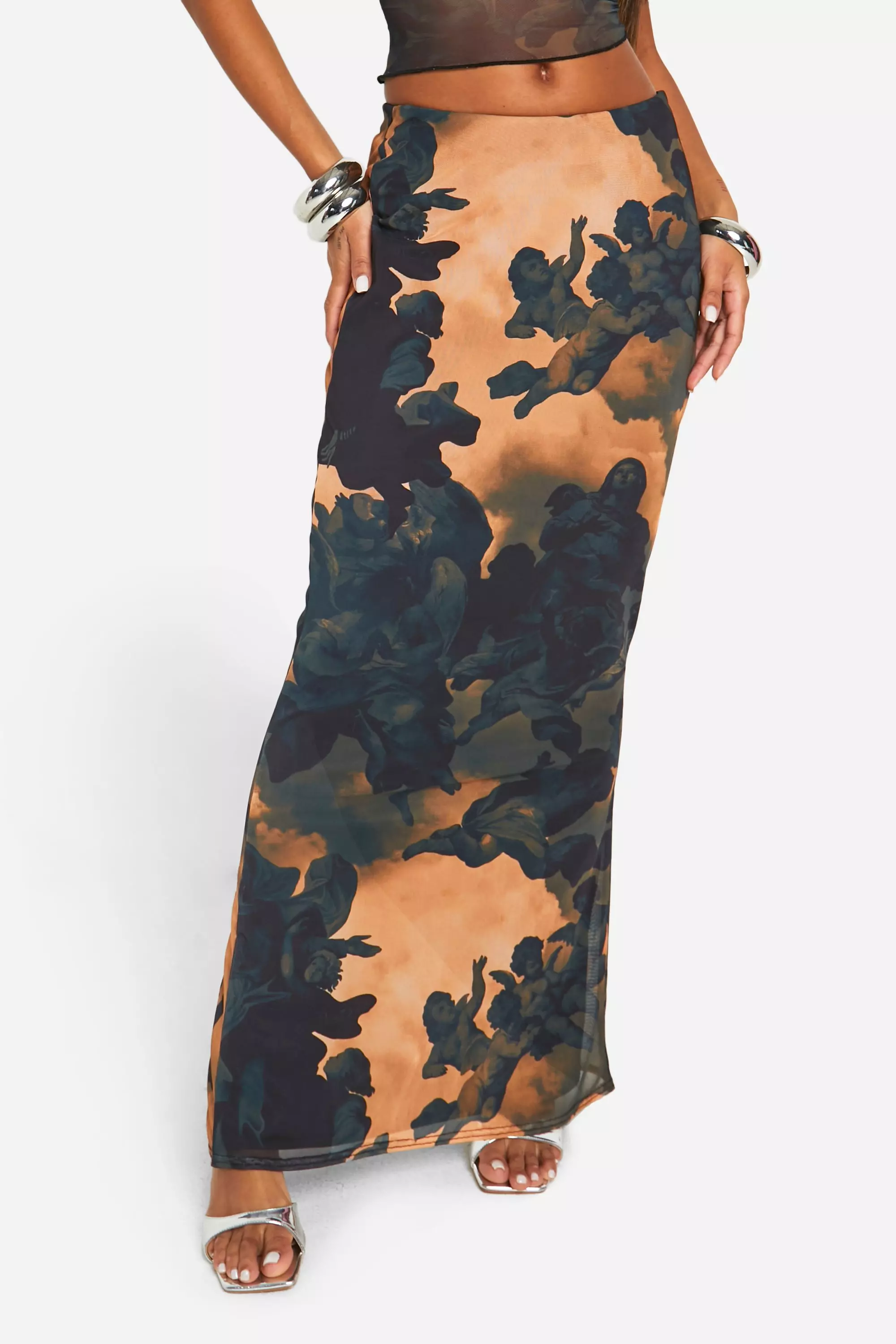 Black Renaissance Print Mesh Maxi Skirt alternative image