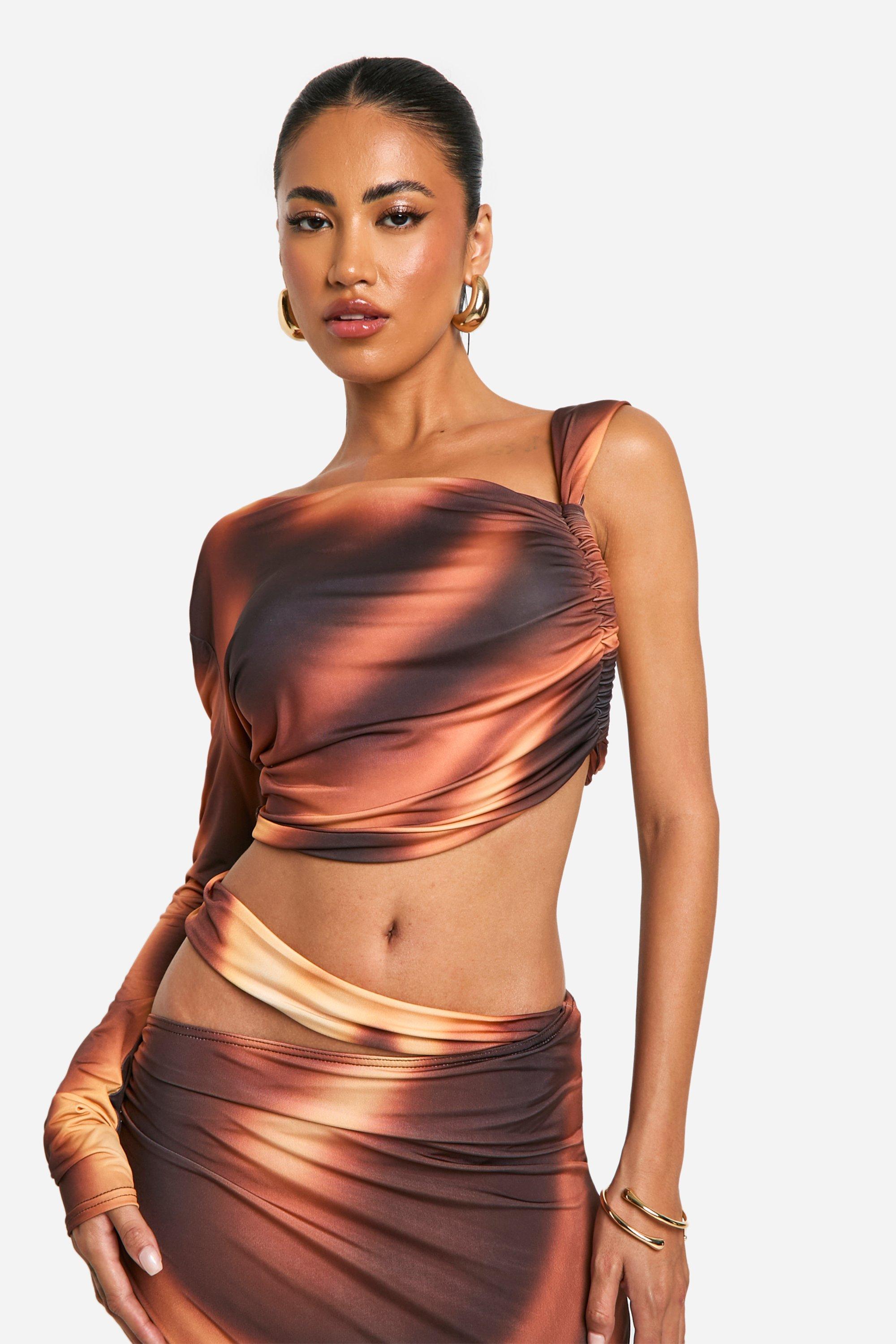 Brown Printed Slinky One Shoulder Ruched Side Top