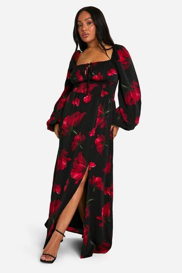 Plus Bloemen Melkmeisjes Maxi Jurk Met Ballonmouwen black