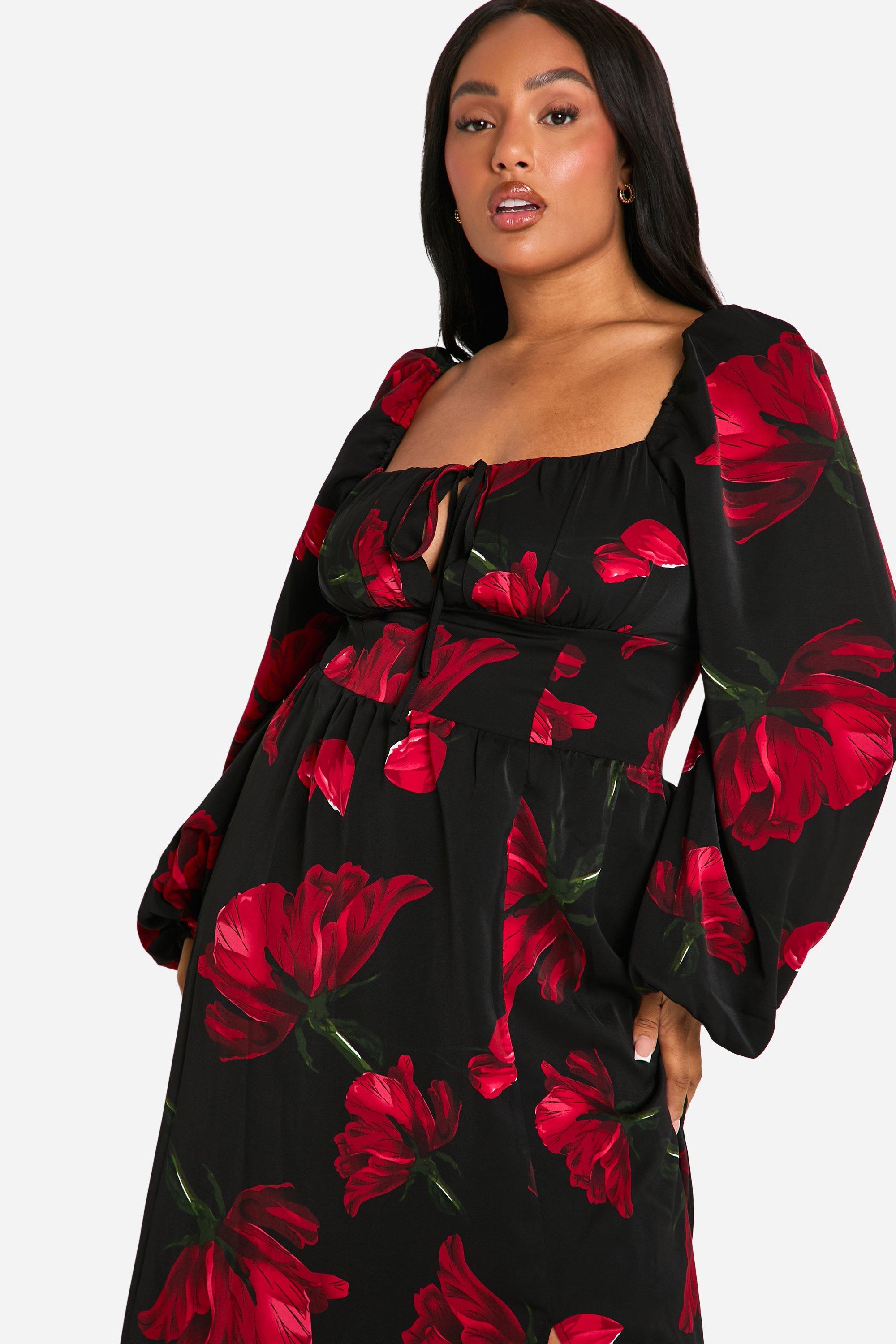 Grande taille Robe longue fleurie a manches bouffantes