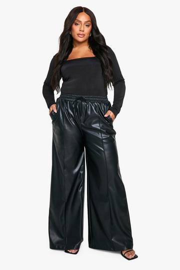 Black Plus Elasticated Waist Pu Wide Leg Jogger