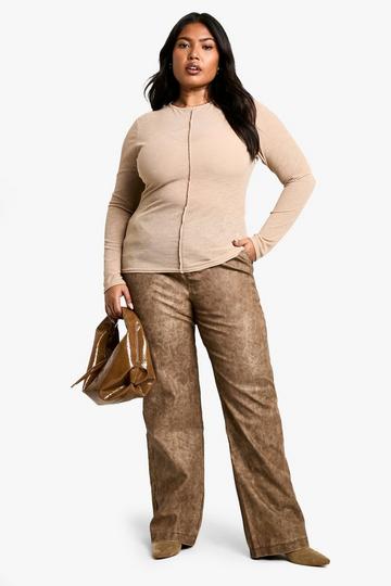 Plus High Waisted Washed Pu Straight Leg Trouser light brown