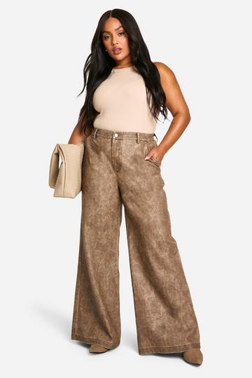 Plus High Waisted Washed Pu Wide Leg Trouser light brown