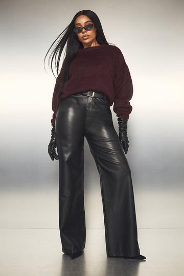 Plus PU Wide Leg Broek Met Hoge Taille black