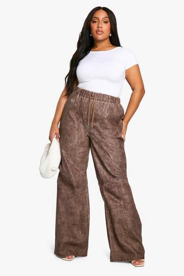 Dark Brown Plus Vintage Wash Pu Slouchy Dad Trouser