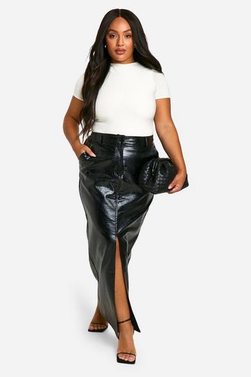 Black Plus Croc Pu Split Front Maxi Skirt