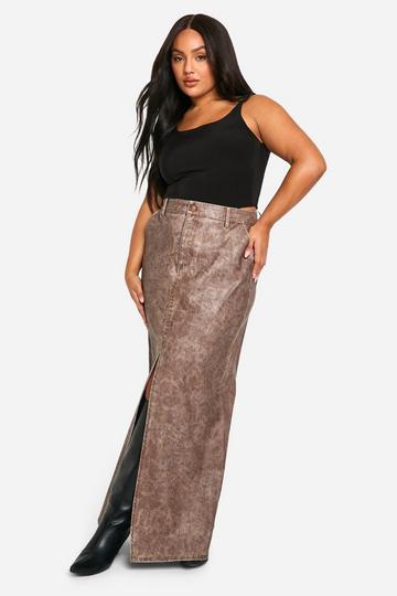 Plus Washed Pu Split Front Maxi Skirt brown