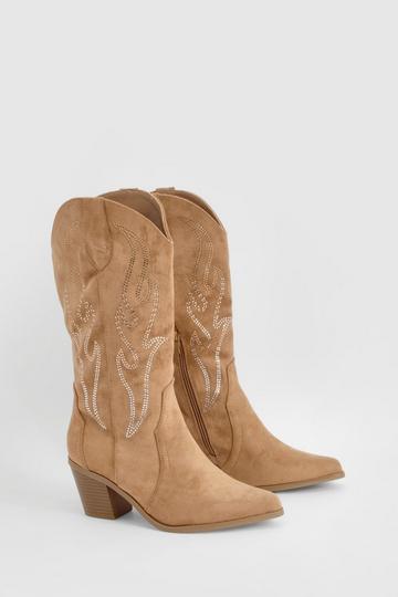 Embroidered Knee High Cowboy Boots camel