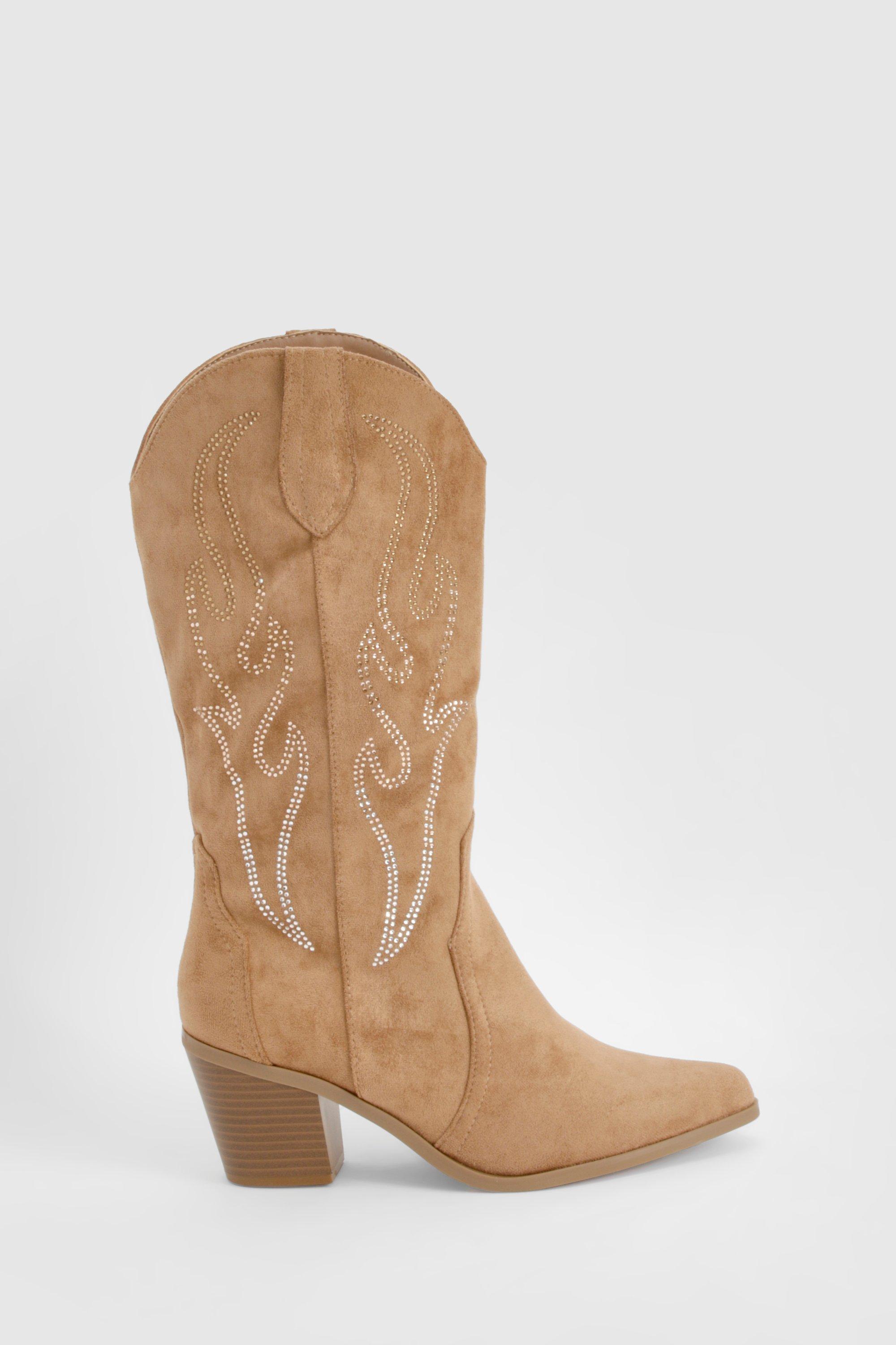 Embroidered Knee High Western Boots boohoo