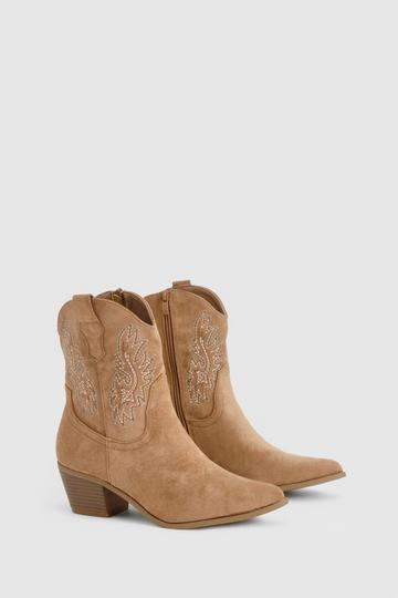 Embroidered Calf High Western Cowboy Boots camel