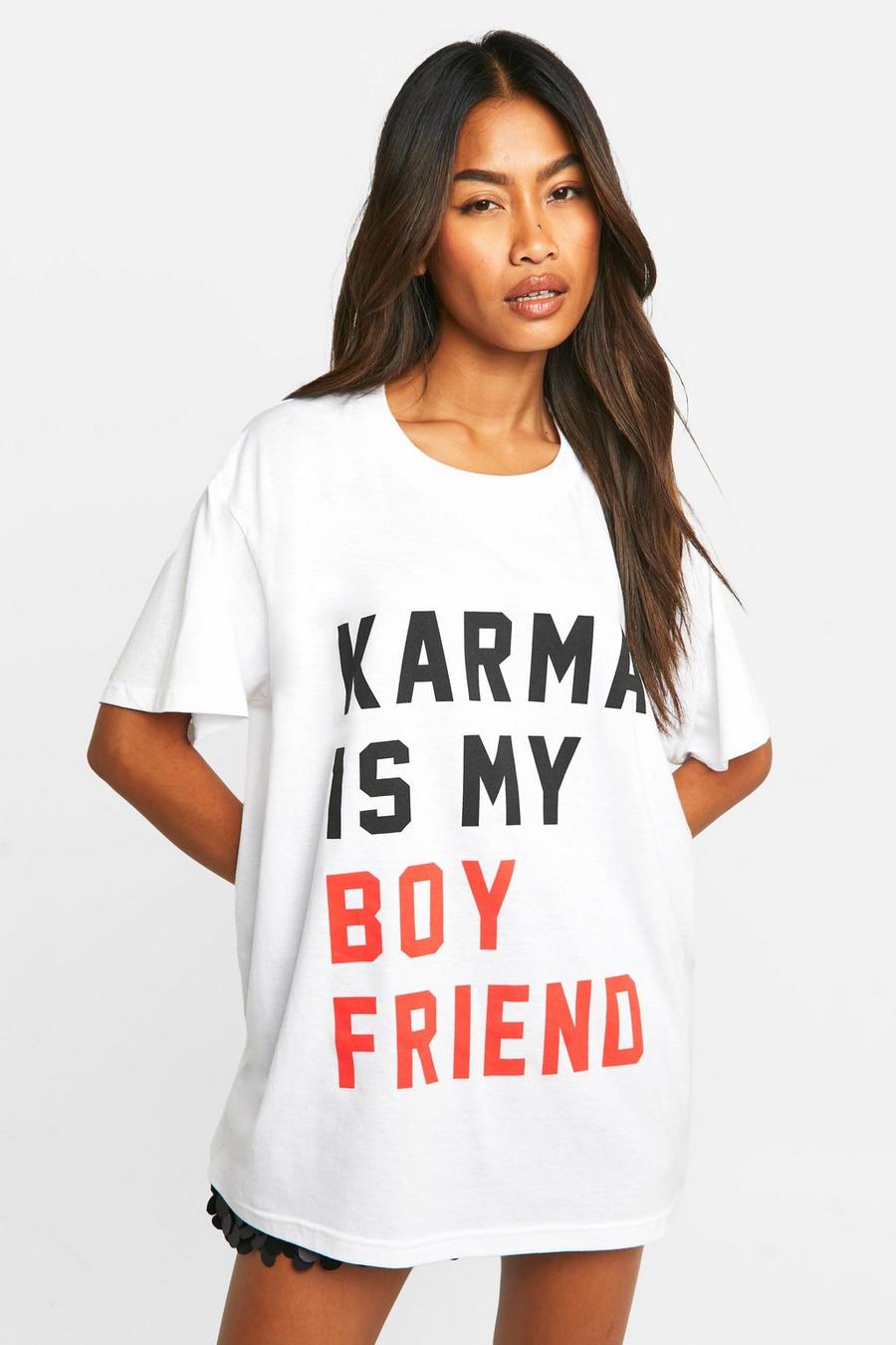 White Karma Is My Boyfriend Slogan Printed Oversized T-shirt  image number 1