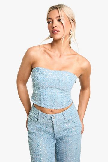 Distressed Sequin Corset Top light wash