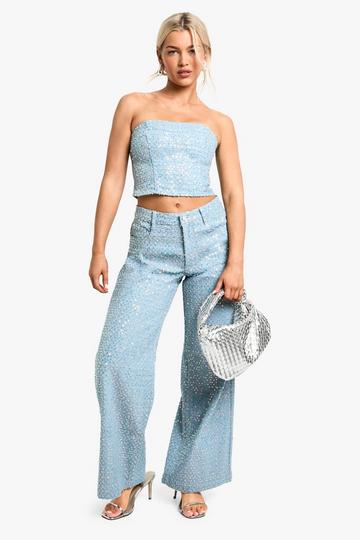 Distressed Sequin Wide Leg Jean light wash