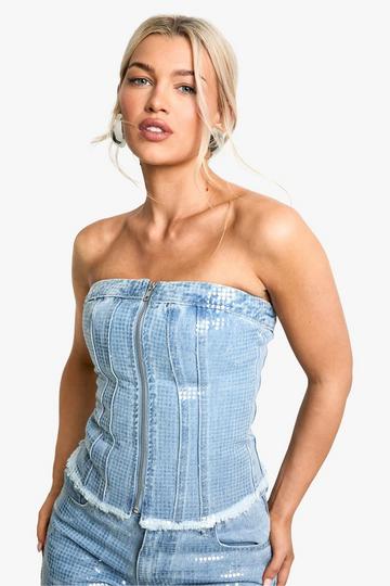 Clear Sequin Corset Top light wash