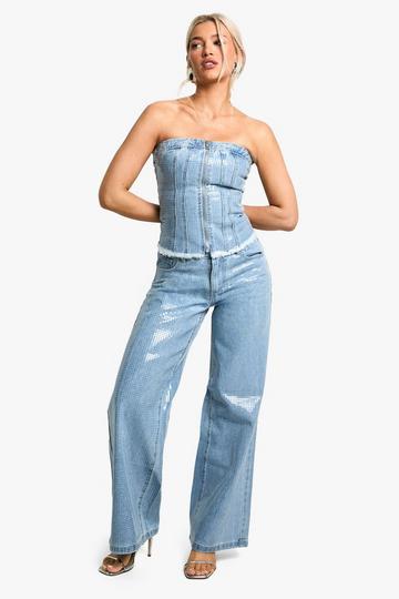 Clear Sequin Wide Leg Jean light wash