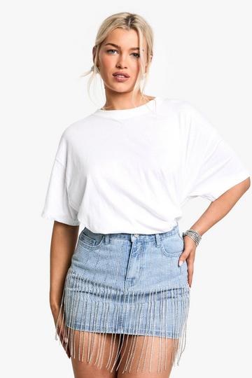 Rhinestone Fringed Denim Skirt light wash