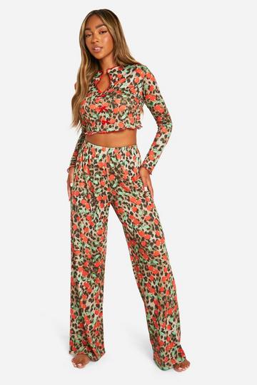 Multi Leopard Cherry Print Crop Pants Pj Set