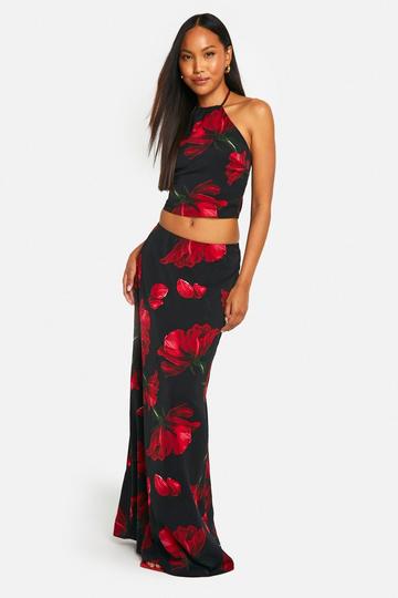 Rose Print Bias Cut Maxi Skirt black