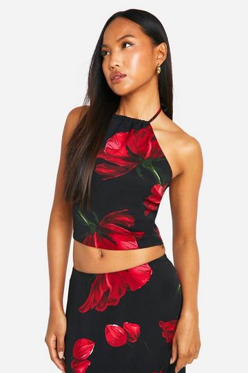 Black Rose Print Tie Back Halterneck Cami Top