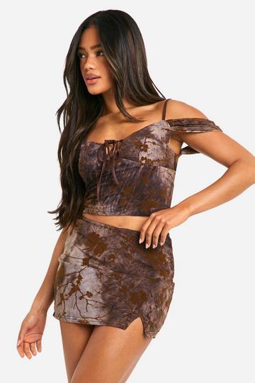 Devore Floral Split Mini Skirt mocha