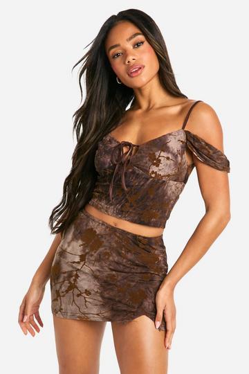 Devore Floral Off The Shoulder Tie Front Crop Top mocha