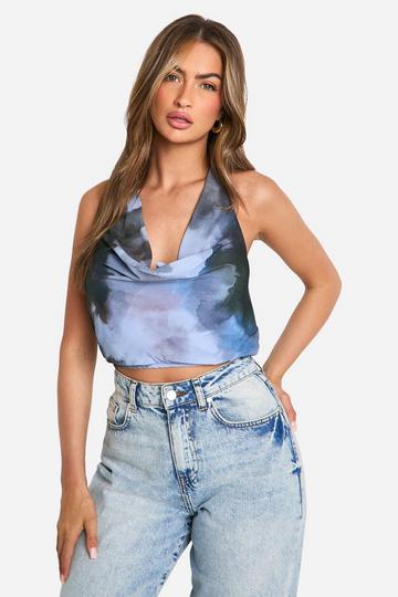 Blue Tie Dye Cowl Neck Halter Top