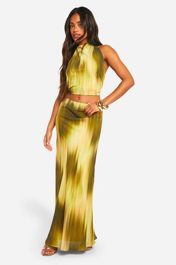 Khaki Blurred Tie Dye Bias Cut Maxi Skirt