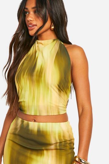 Blurred Tie Dye High Neck Racer Neck Crop Top khaki