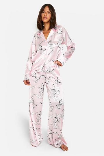 Pink Bow Print Satin Long Sleeve Shirt & Trousers Pyjama Set