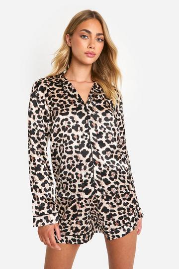 Satijnen Luipaardprint Pyjama Set Met Shorts leopard