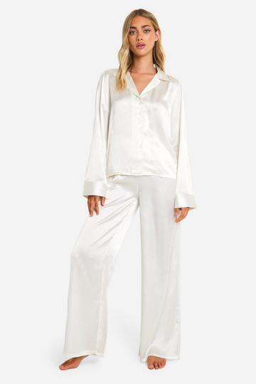 Satin Long Sleeve Shirt & Trousers Pyjama Set cream