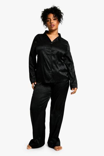 Black Plus Zebra Jacquard Stripe Satin Pj Shirt Set