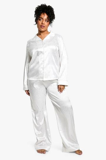 White Plus Zebra Jacquard Stripe Satin Pj Shirt Set