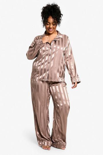 Plus Jacquard Gestreepte Satijnen Pyjama Set Met Blouse choc brown