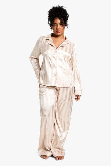 Plus Jacquard Stripe Satin Pj Shirt Set cream