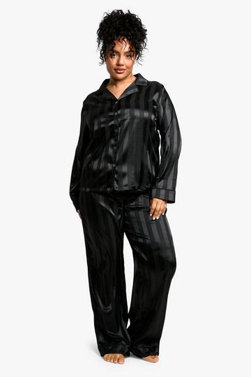 Black Plus Jacquard Stripe Satin Pj Shirt Set