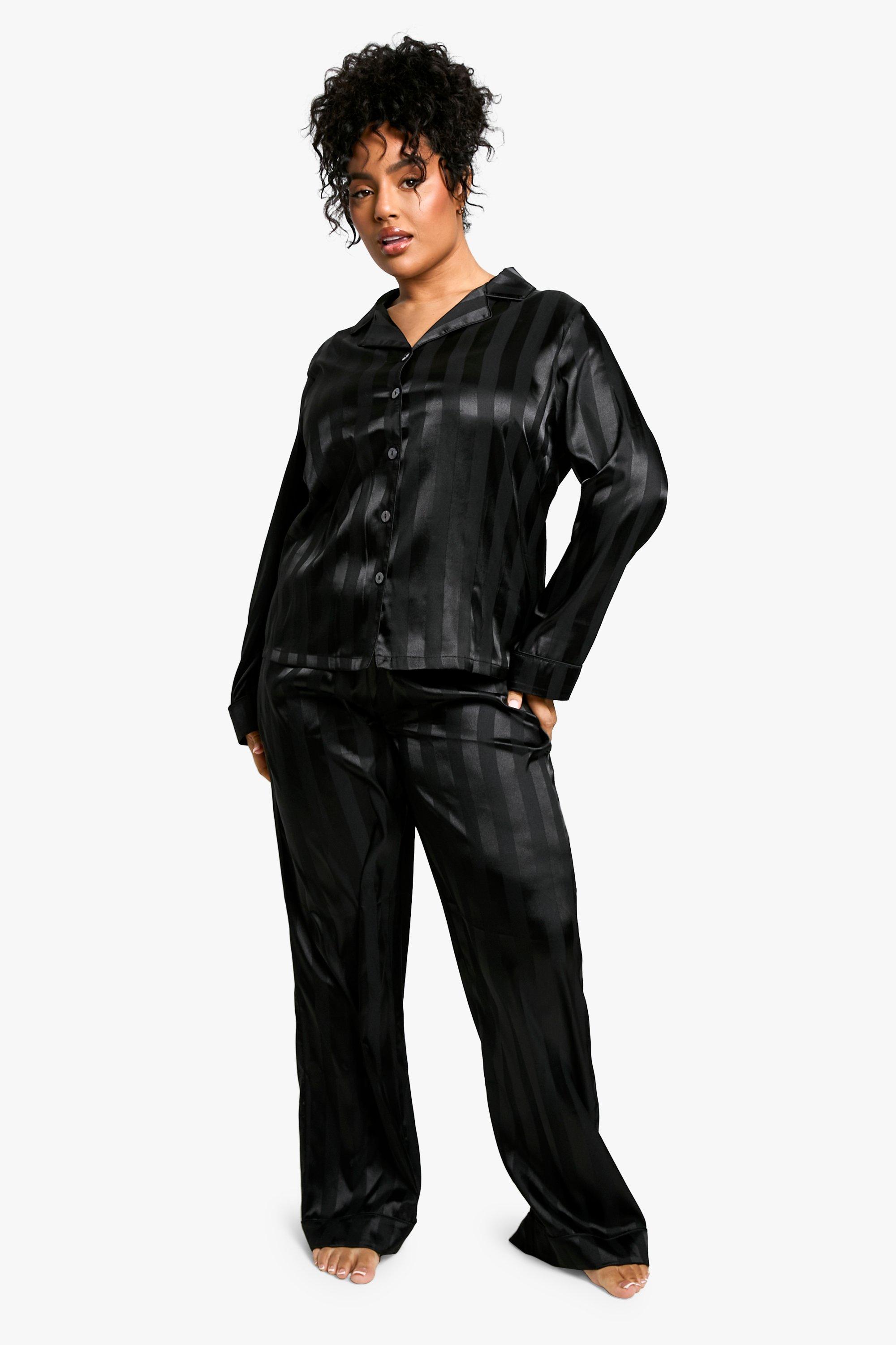 Boohoo Women s Plus Jacquard Stripe Satin Pj Shirt Set Black