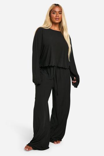 Plus Pyjama Set Met Lettuce Edge En Broek Met Textuur black