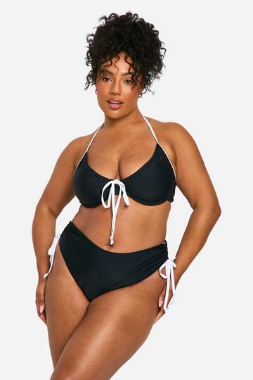 Plus Contrast Tie Ruched Side Bikini Bottom black