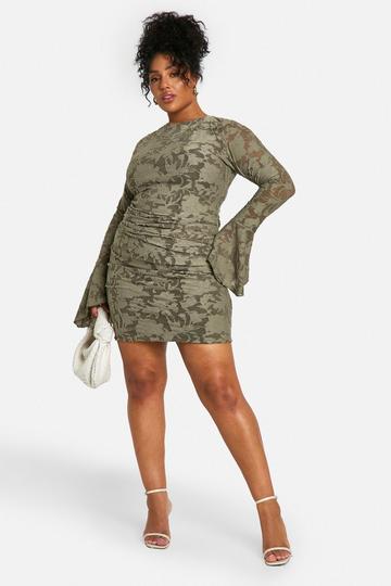 Plus Jacquard Floral Flare Sleeve Mini Dress khaki