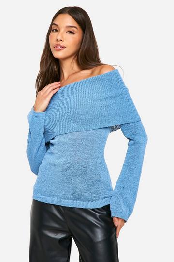 Blue Knitted Bardot Slouchy Jumper