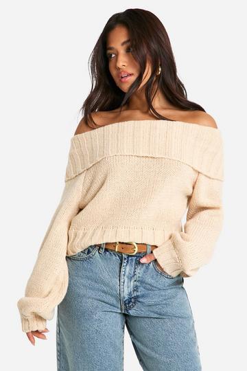 Petite Ribbed Bardot Balloon Sleeve Knitted Jumper sand